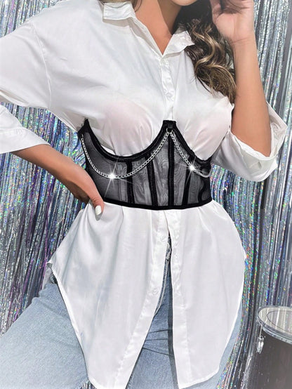 حزام خصر متصل بسلسلة شريط شبكي بدون بلوزة