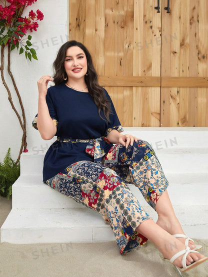 مقاس كبير طباعة الأزهار حزام بلوزة و بنطلون بساق واسع