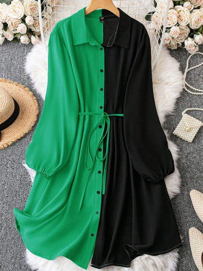 فستان قميص لونين حزام مقاس كبير