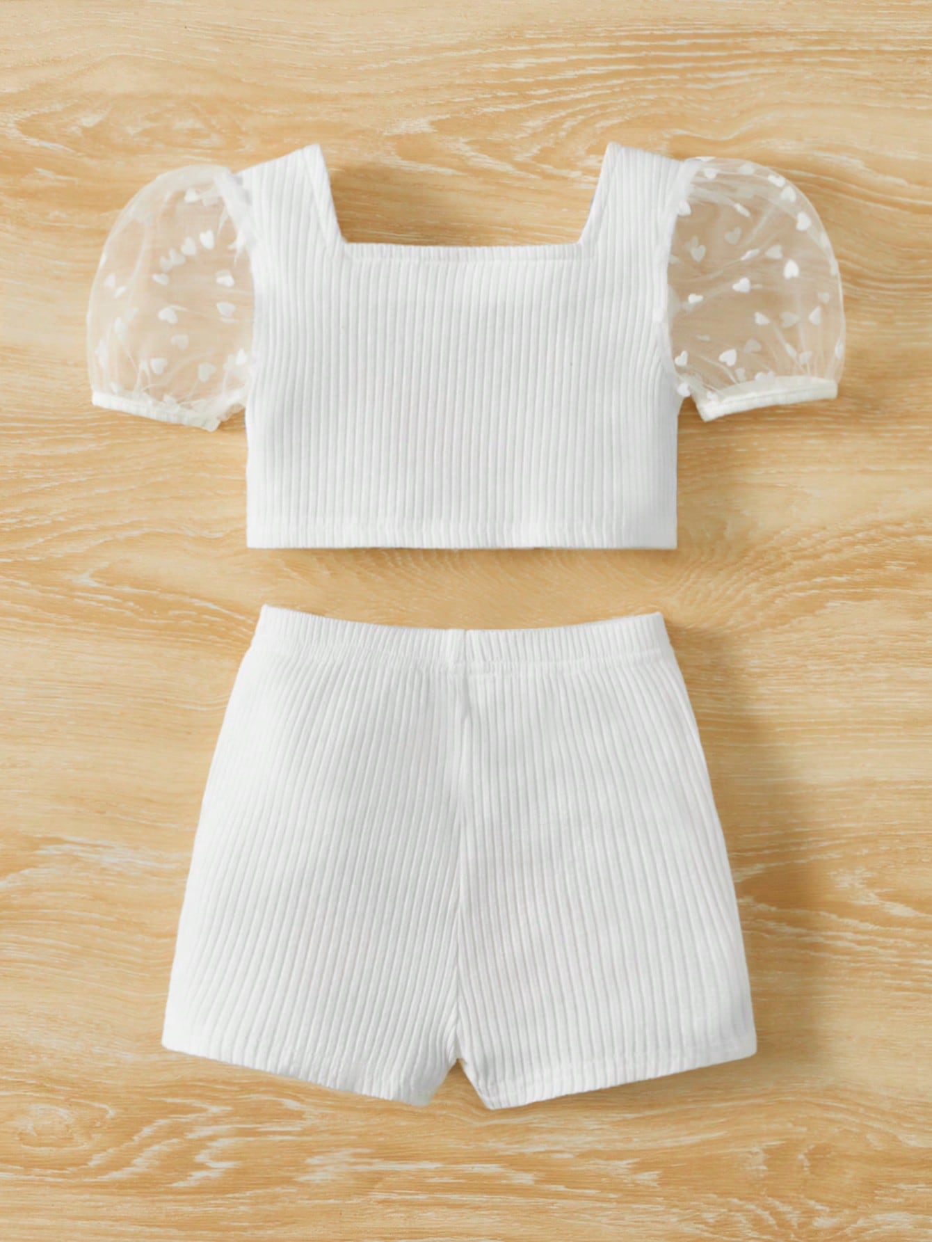 للاطفال متباين قلب شبكة اكمام منتفخة تي شيرت و عقدة الفراشة أمامية بنطلون قصير