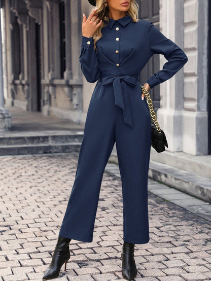 جمبسوت قميص موحدة اللون أزرار أمامية حزام