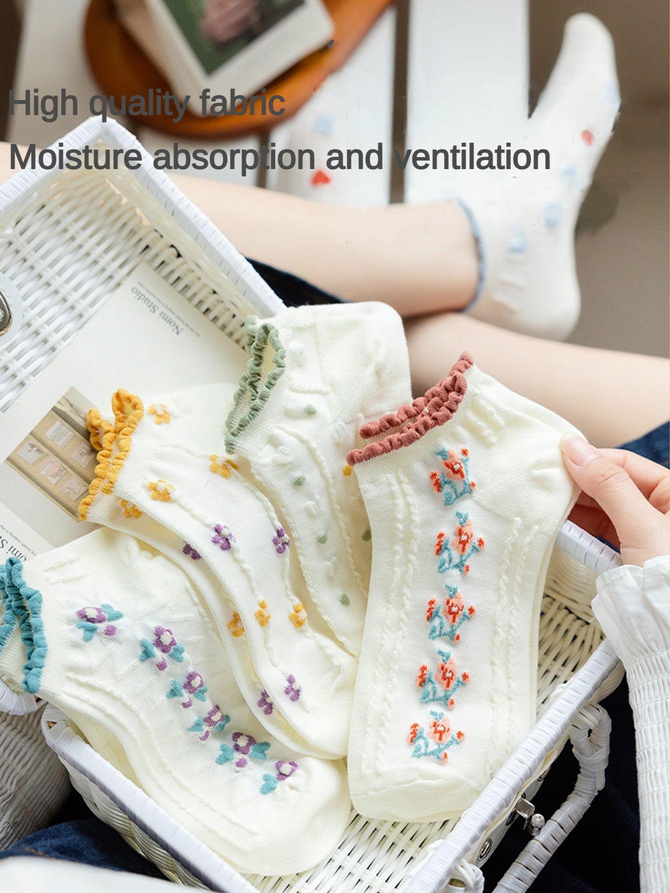 جوارب كاحل بجرافيك زهر وعبارة لطيفة لفصل الربيع و الصيف 5 أزواج نساء