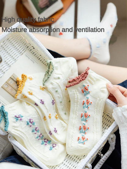 جوارب كاحل بجرافيك زهر وعبارة لطيفة لفصل الربيع و الصيف 5 أزواج نساء