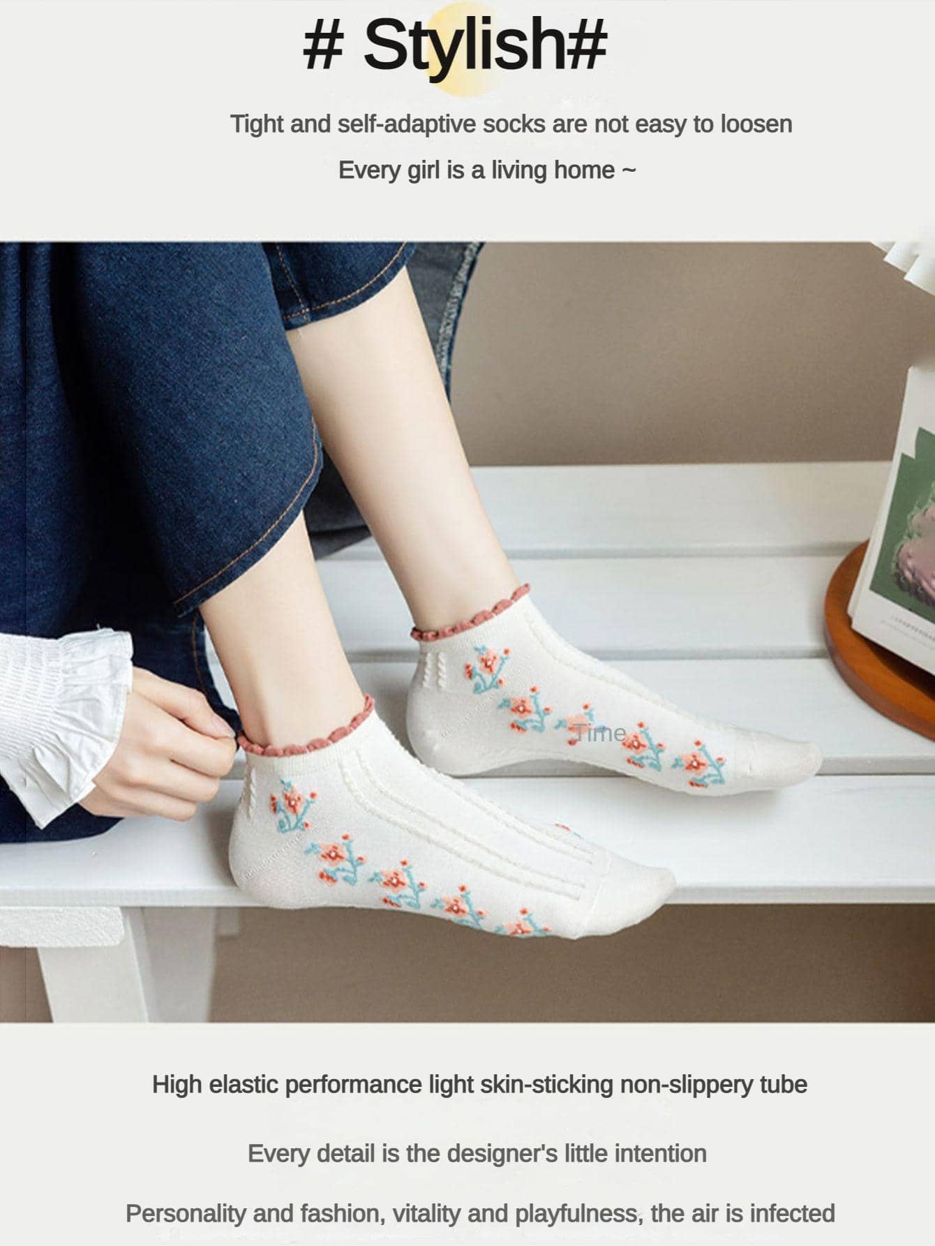 جوارب كاحل بجرافيك زهر وعبارة لطيفة لفصل الربيع و الصيف 5 أزواج نساء