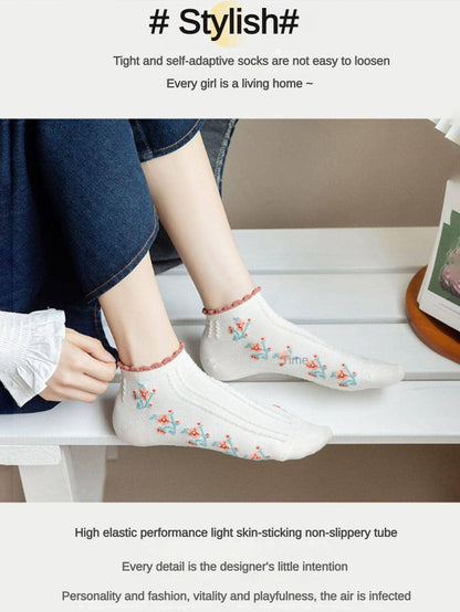 جوارب كاحل بجرافيك زهر وعبارة لطيفة لفصل الربيع و الصيف 5 أزواج نساء