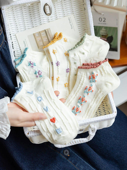 جوارب كاحل بجرافيك زهر وعبارة لطيفة لفصل الربيع و الصيف 5 أزواج نساء