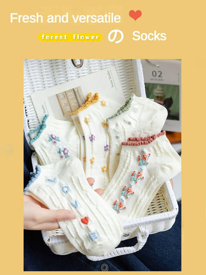 جوارب كاحل بجرافيك زهر وعبارة لطيفة لفصل الربيع و الصيف 5 أزواج نساء