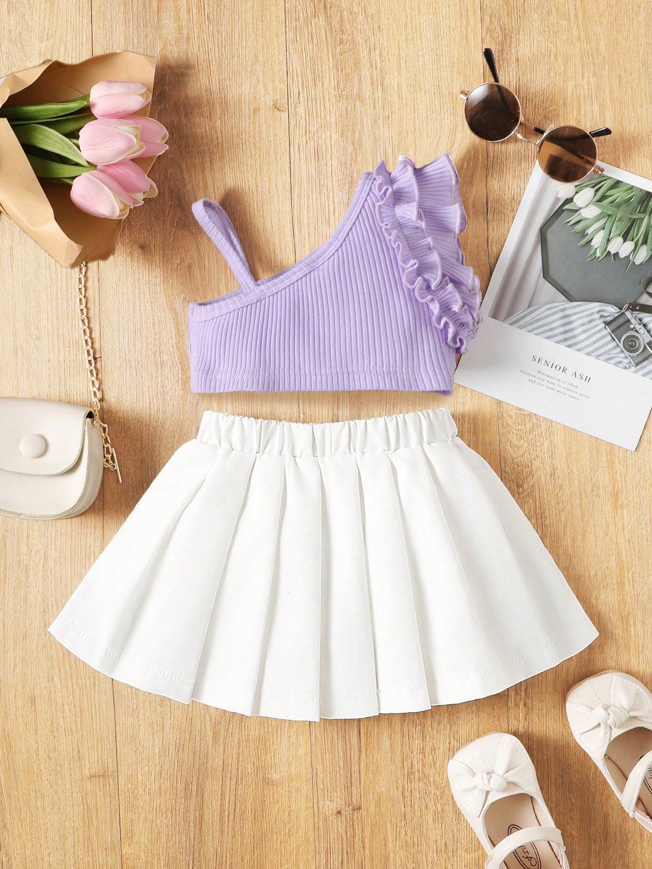 للاطفال ياقة غير متماثل مقلم بكشكش لباس علوي و تنورة ذو تجاعيد