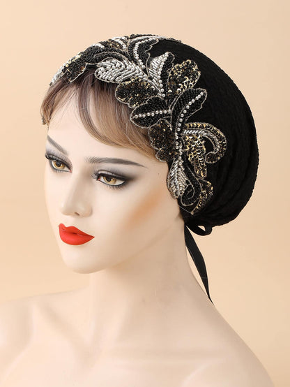 قطعة واحدة لف الرأس العاري النسائي المزخرف بالخرز والأوراق