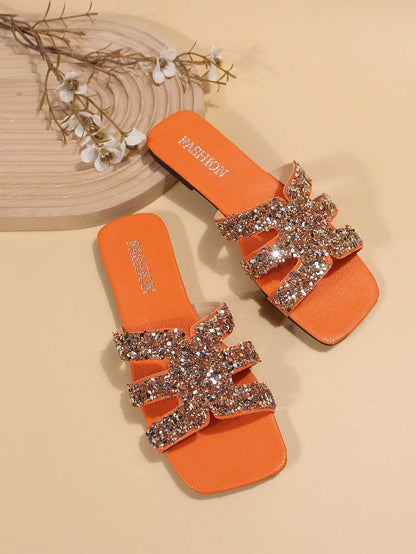 صنادل سلايد بديكور حجر الراين مسطح براقة الصيف نساء