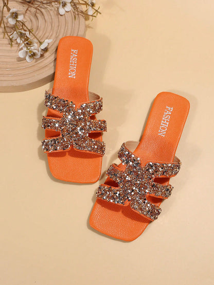 صنادل سلايد بديكور حجر الراين مسطح براقة الصيف نساء