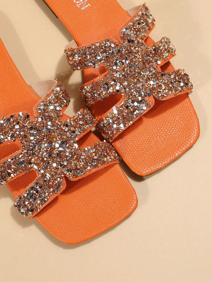 صنادل سلايد بديكور حجر الراين مسطح براقة الصيف نساء