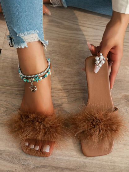 صندل نسائي مسطح منفوش ديكور ، صنادل براقة باللون البني