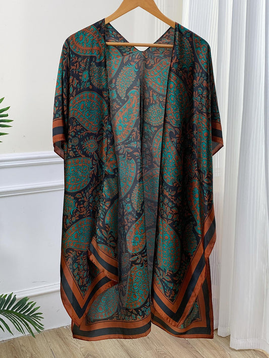 شال طباعة بيزلي اكمام جناح الخفاش مفتوح امامي