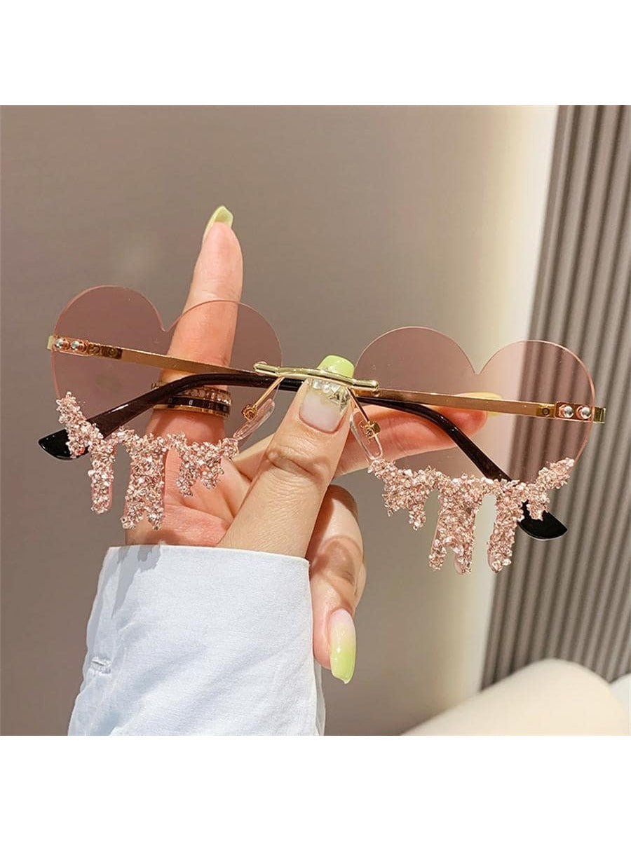 نظارات شمسية بدون إطار بديكور حجر الراين عدسة القلب الى خارجي نساء