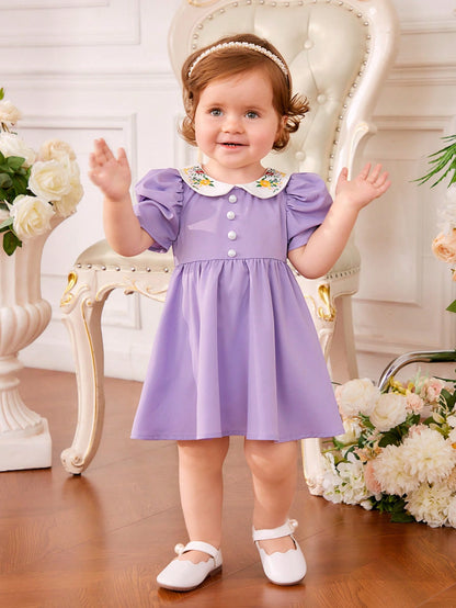 فستان قطني للأطفال الرضع بيتر بان طوق زهري تطريز زهري ، أكمام منتفخة