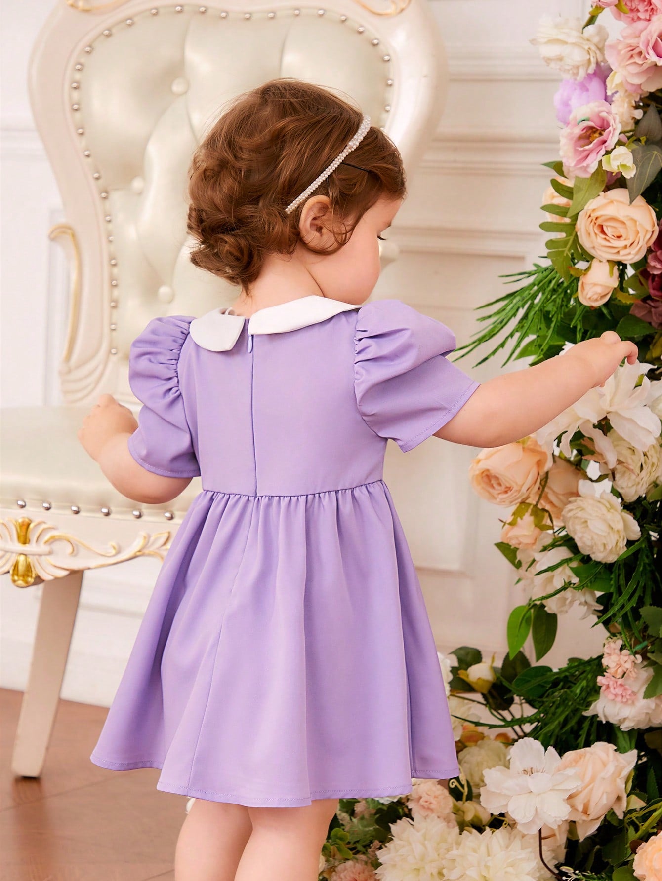 فستان قطني للأطفال الرضع بيتر بان طوق زهري تطريز زهري ، أكمام منتفخة