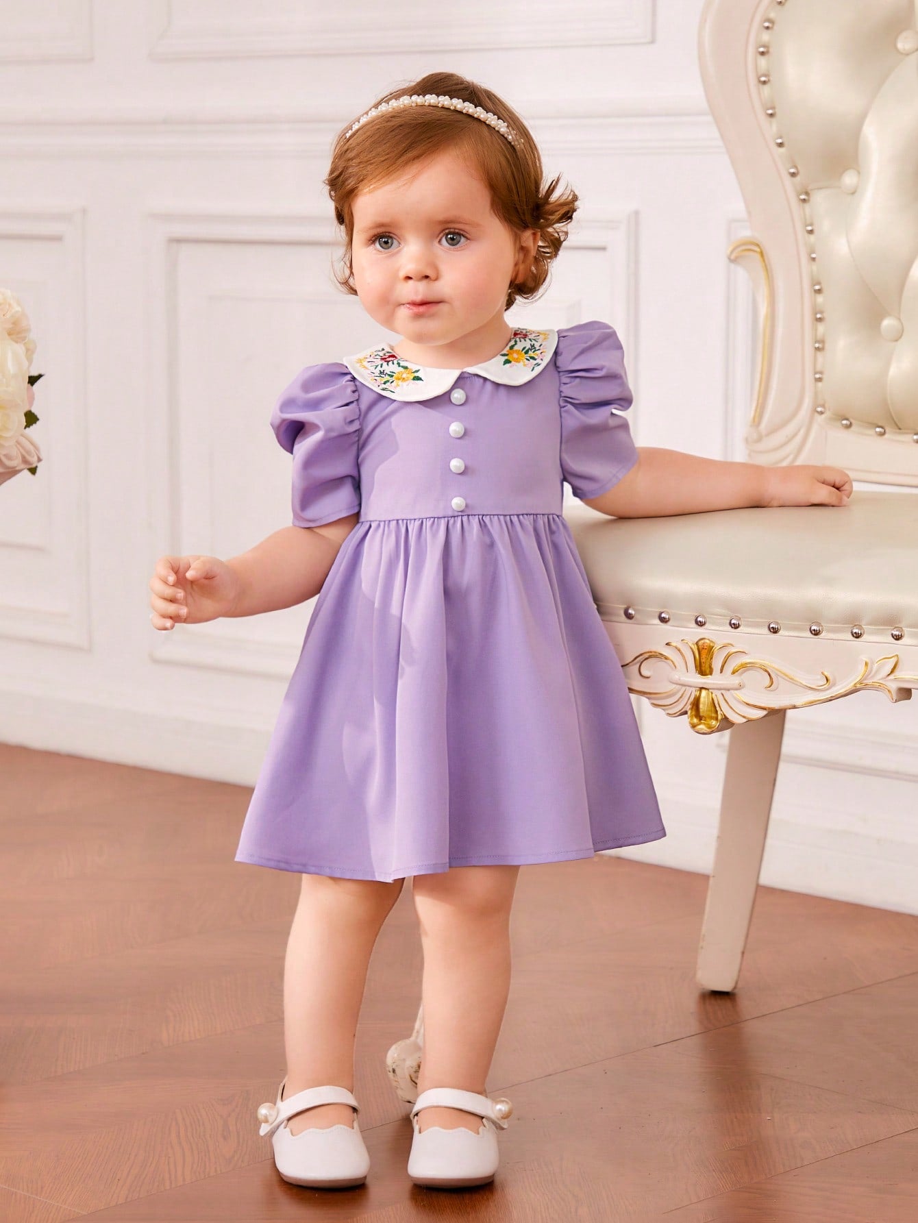 فستان قطني للأطفال الرضع بيتر بان طوق زهري تطريز زهري ، أكمام منتفخة