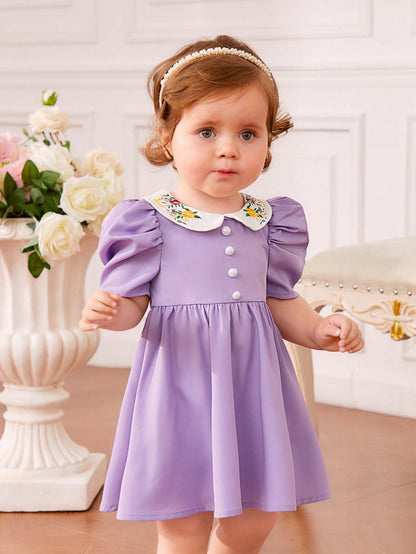 فستان قطني للأطفال الرضع بيتر بان طوق زهري تطريز زهري ، أكمام منتفخة