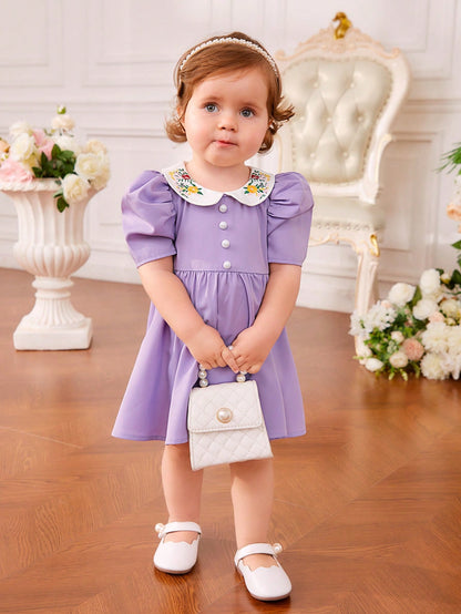 فستان قطني للأطفال الرضع بيتر بان طوق زهري تطريز زهري ، أكمام منتفخة