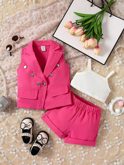 للاطفال موحدة اللون صدرية كامي مع البنطلون القصير و صف ازرار مزدوجة جاكيت صدري