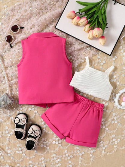 للاطفال موحدة اللون صدرية كامي مع البنطلون القصير و صف ازرار مزدوجة جاكيت صدري