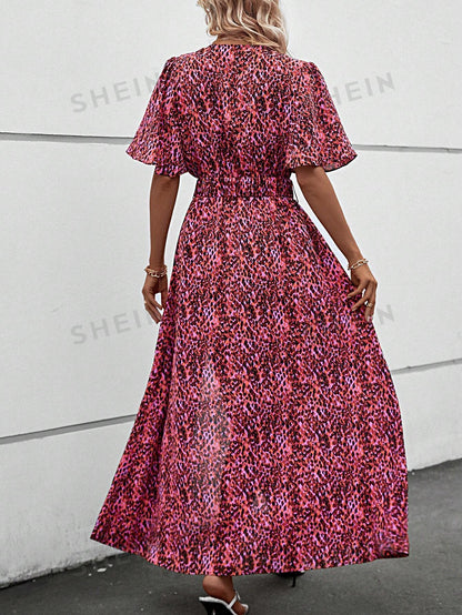 فستان بحزام طباعة شامل اكمام فراشة فتحة للفخذ