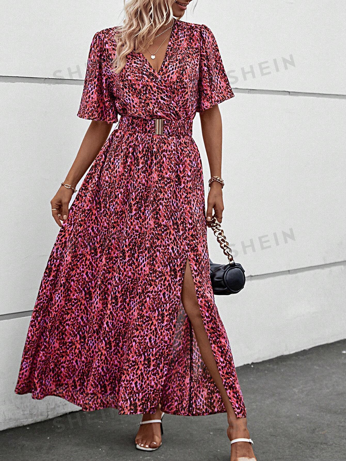 فستان بحزام طباعة شامل اكمام فراشة فتحة للفخذ