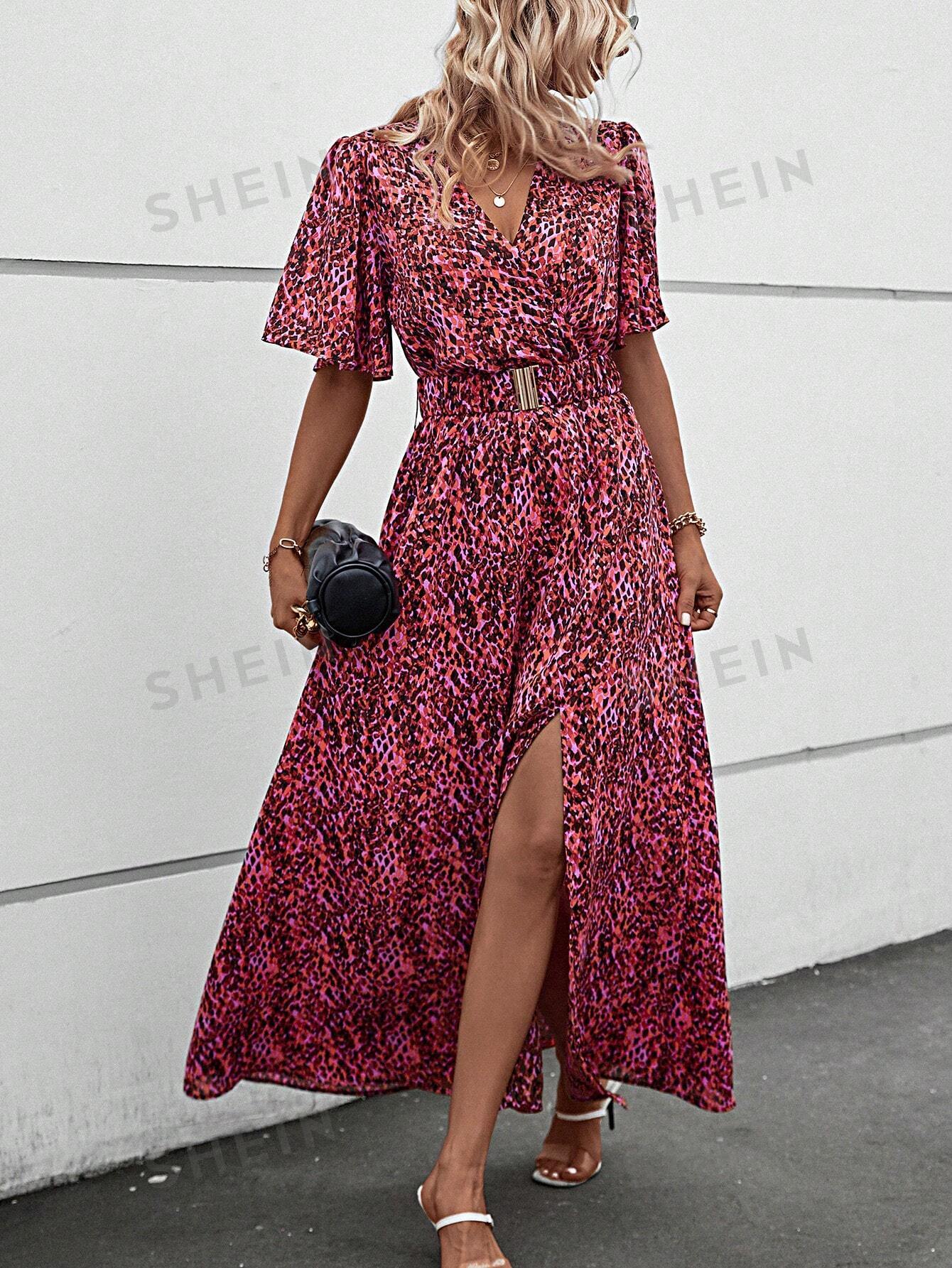 فستان بحزام طباعة شامل اكمام فراشة فتحة للفخذ