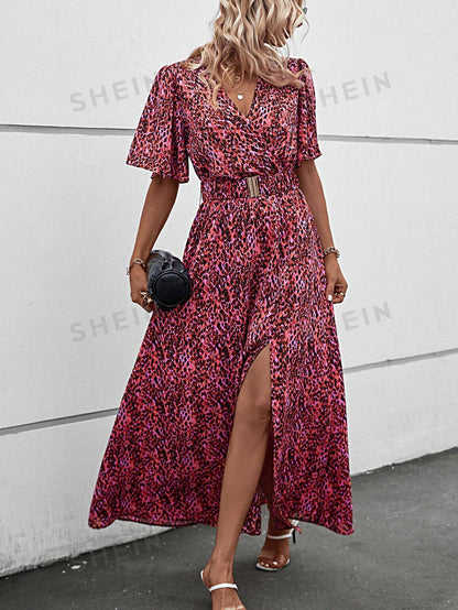 فستان بحزام طباعة شامل اكمام فراشة فتحة للفخذ