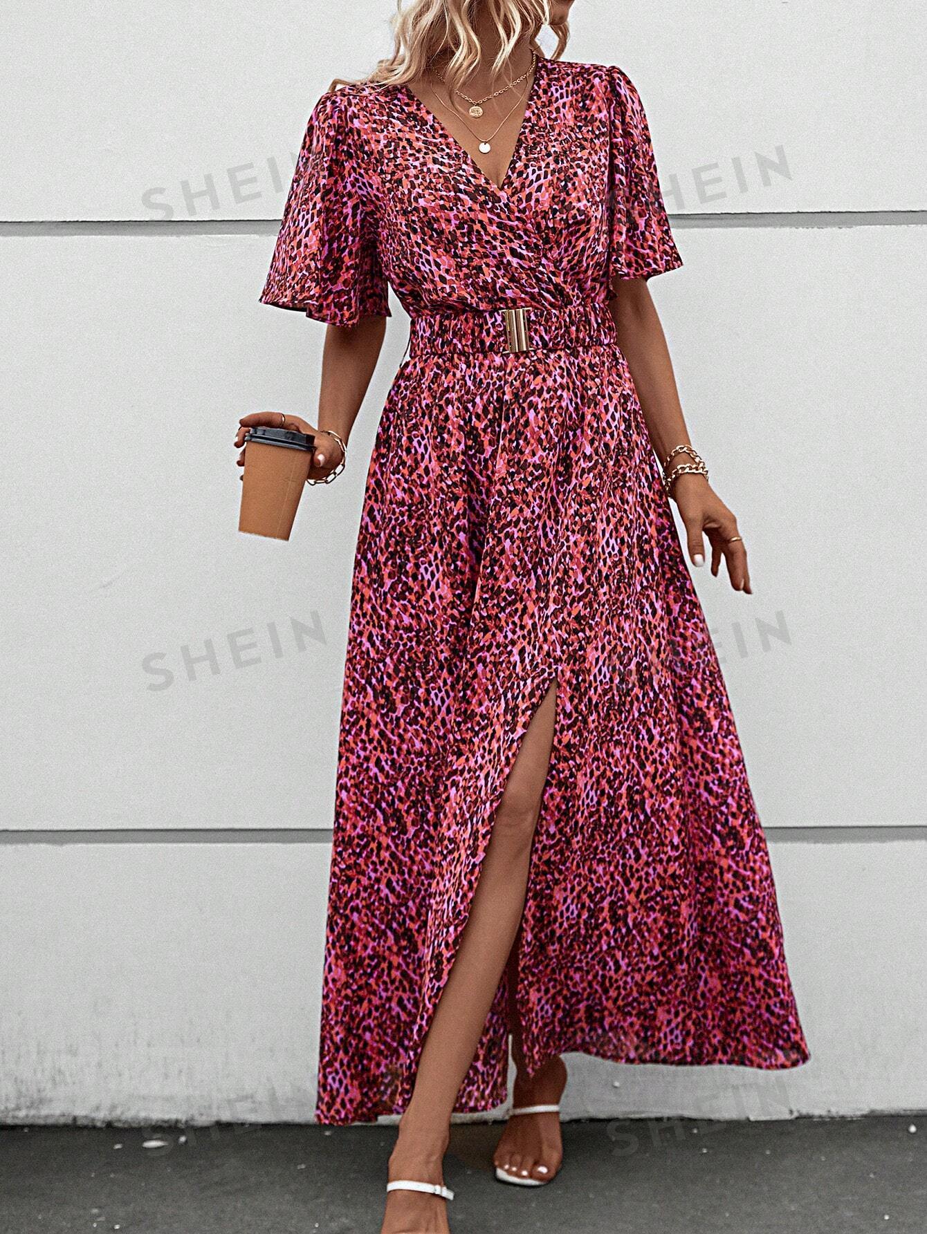 فستان بحزام طباعة شامل اكمام فراشة فتحة للفخذ