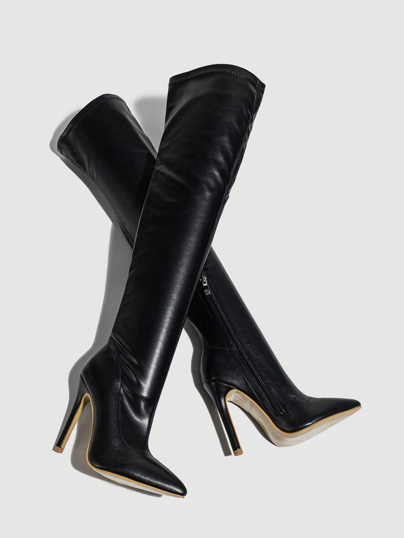 بوت جلدية كاحل عالي بكعب رفيع مدبب للنساء، أسلوب نادي الليل والحفلات، مزودة بسحاب جانبي