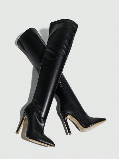 بوت جلدية كاحل عالي بكعب رفيع مدبب للنساء، أسلوب نادي الليل والحفلات، مزودة بسحاب جانبي