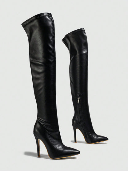 بوت جلدية كاحل عالي بكعب رفيع مدبب للنساء، أسلوب نادي الليل والحفلات، مزودة بسحاب جانبي