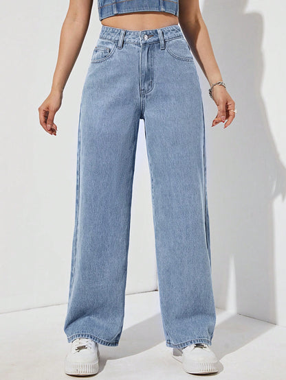 بنطلون جينز موحدة اللون خصر عالي ساق عريضة
