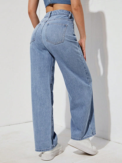 بنطلون جينز موحدة اللون خصر عالي ساق عريضة