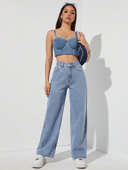 بنطلون جينز موحدة اللون خصر عالي ساق عريضة