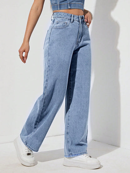 بنطلون جينز موحدة اللون خصر عالي ساق عريضة