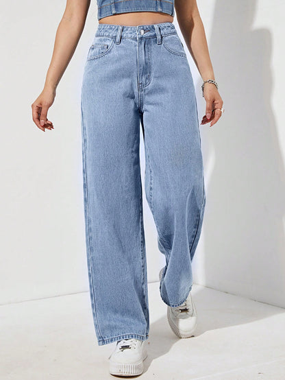 بنطلون جينز موحدة اللون خصر عالي ساق عريضة