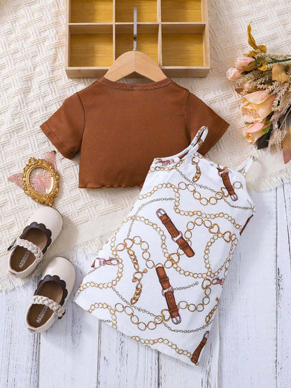 فستان كام بطباعة السلسلة للبنت الطفل مع تي شيرت عقدة أمامية