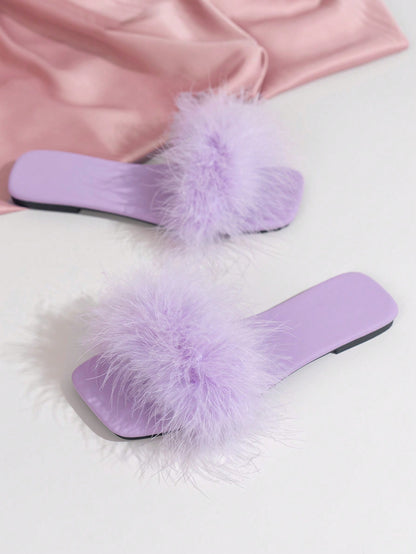 صنادل سلايد مزخرف زغبي مسطح براقة أرجواني نساء