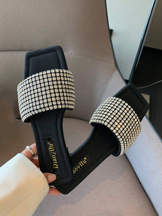 صنادل شقة نسائية بزينة الراينستون، شبشب خارجي أنيق ومريح للصيف