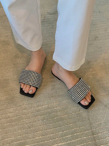 صنادل شقة نسائية بزينة الراينستون، شبشب خارجي أنيق ومريح للصيف