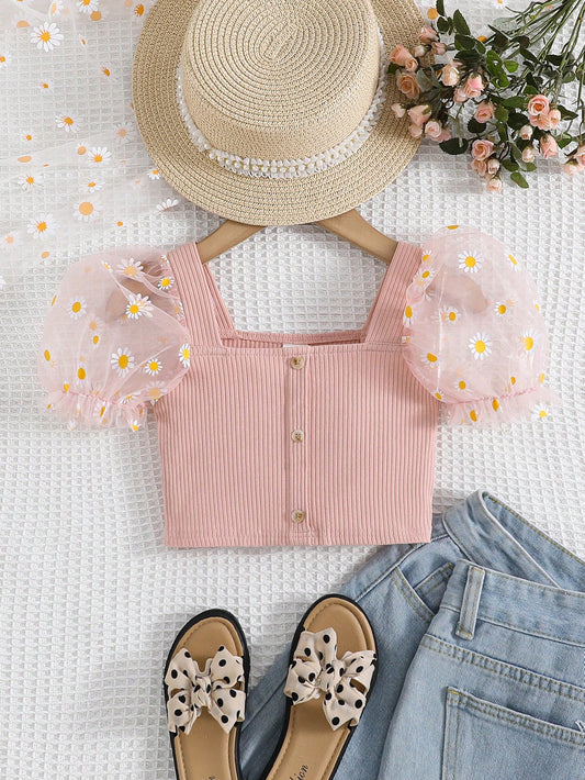 توب طفلة طباعة الزهور بطابع الأزهار الصغيرة والأكمام مجمعة من الشبكة المتناقضة