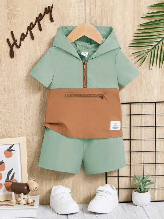 شورت مع لباس علوي لونين تفاصيل مرقع بعبارة سحاب نصف قبعة للاطفال