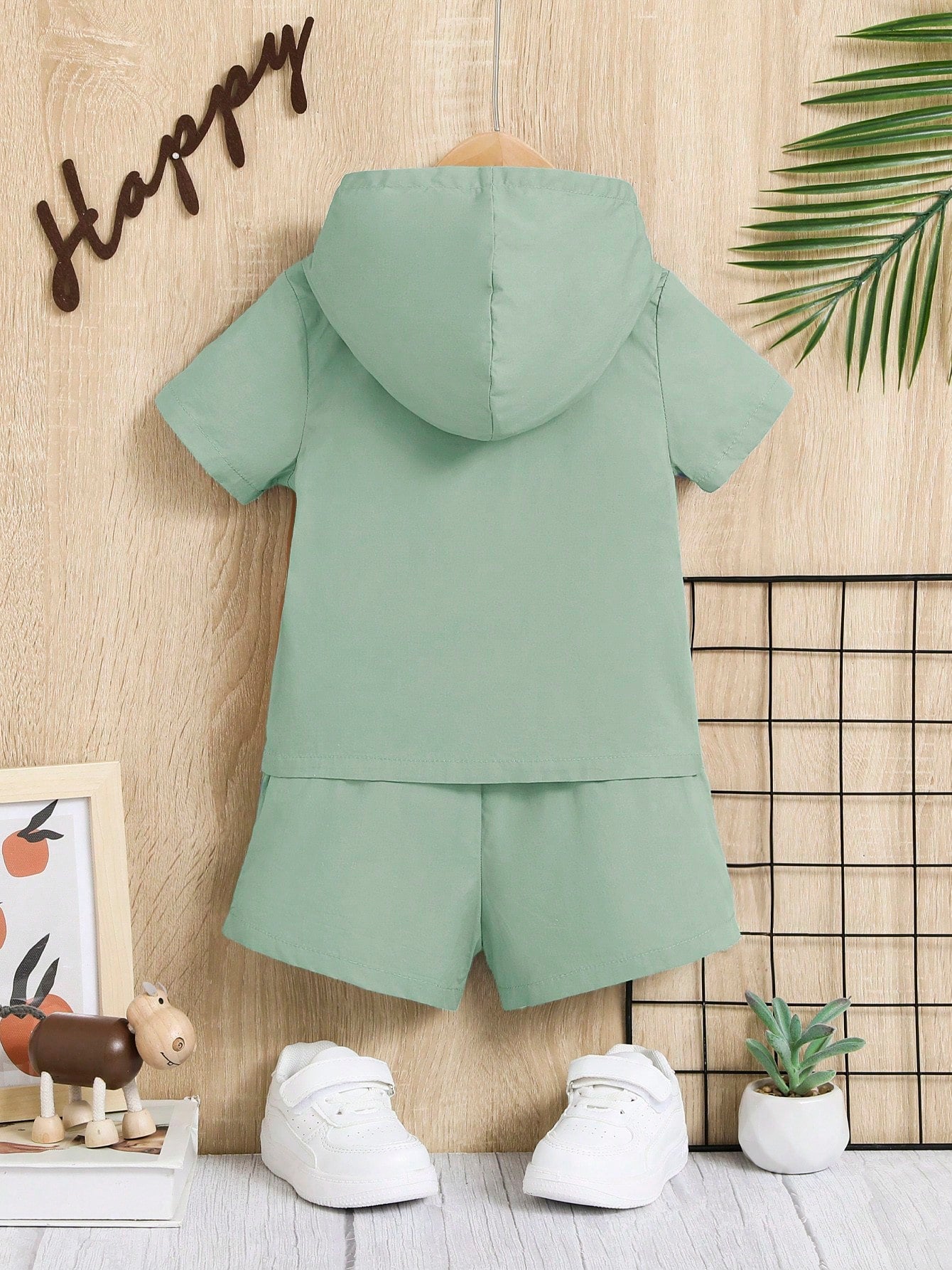 شورت مع لباس علوي لونين تفاصيل مرقع بعبارة سحاب نصف قبعة للاطفال