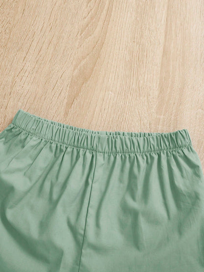 شورت مع لباس علوي لونين تفاصيل مرقع بعبارة سحاب نصف قبعة للاطفال