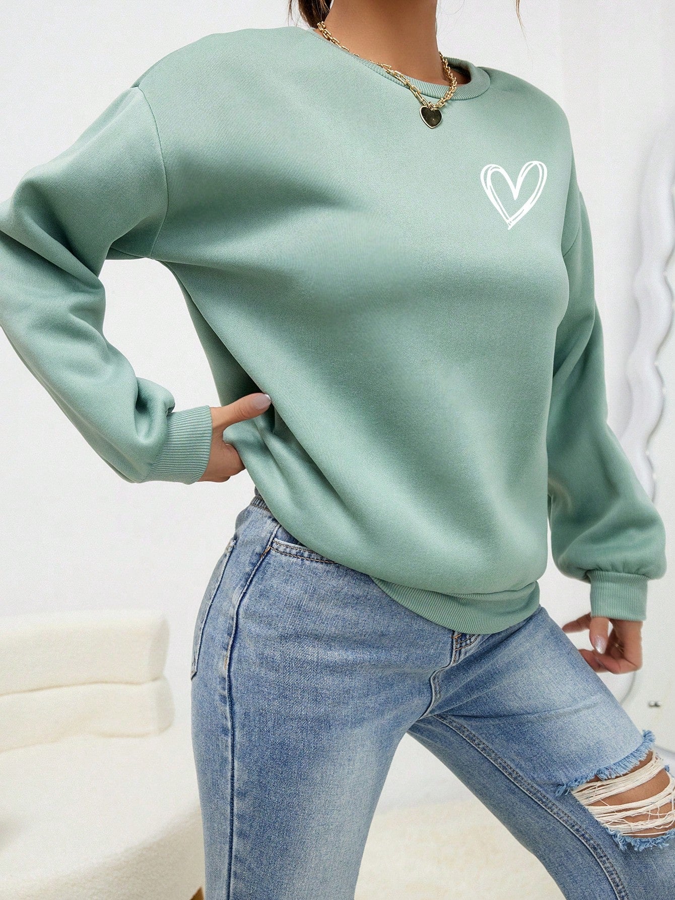 سويت شيرت بظهر قصير مطبوع بالقلوب ، نساء الربيع/الخريف كاجوال أكمام طويلة ياقة دائرية فضفاضة منتظمة كتف منخفض بلوفر أخضر فضفاض هوديس نسائية