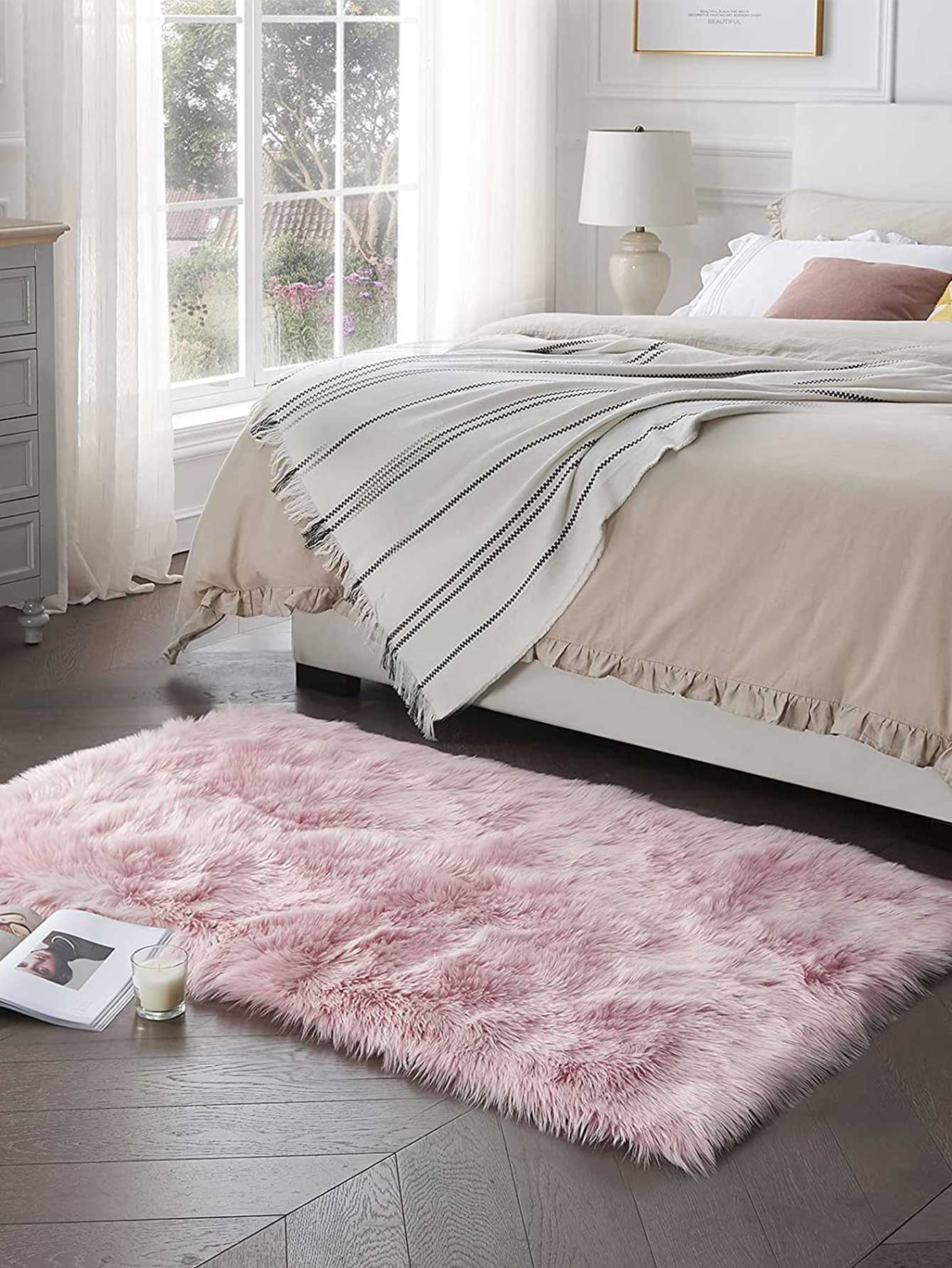 بساط بلاستيكي زائف وردي اللون ، قابل للغسل، ممتلىء بالفراء للمعيشة غرفة الجري ، سجادة للممرات وغرفة الأطفال