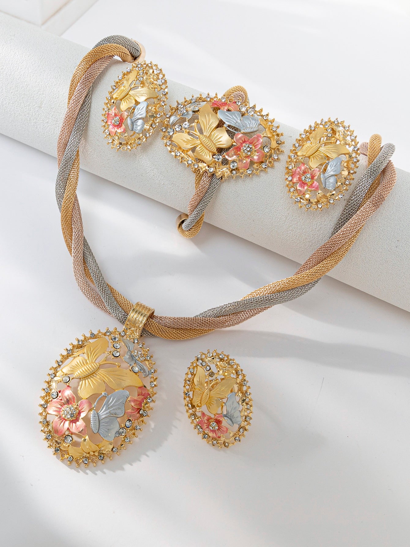 5 قطع أناقة متعدد الألوان شكل فراشة زخرفة للنساء طقم مجوهرات , الموضة اكسسوارات